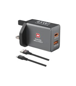 SWISS MILITARY 45W GAN 1 USB C AND 1 USB A PORT - SM-GaN-Power45W-1C1A-GRY