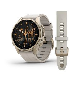 Garmin FENIX 8 - 43 MM, AMOLED, SAPPHIRE SOFT GOLD STAINLESS STEEL WITH FOG GRAY LEATHER BAND PLUS FOG GRAY/DARK SANDSTONE SILICONE BAND